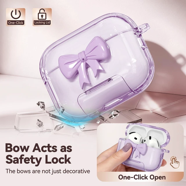 Alt view image 3 of 7 - for AirPods 5/4 Case Cover (2026-2024)-Clear Purple with Bow Safety Lock,As Phone Stand,Come with Floral Key Chain & Clean Pen,Support Wireless,Two-Piece Design for Women Girly