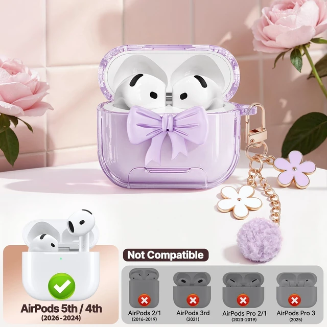 Alt view image 2 of 7 - for AirPods 5/4 Case Cover (2026-2024)-Clear Purple with Bow Safety Lock,As Phone Stand,Come with Floral Key Chain & Clean Pen,Support Wireless,Two-Piece Design for Women Girly