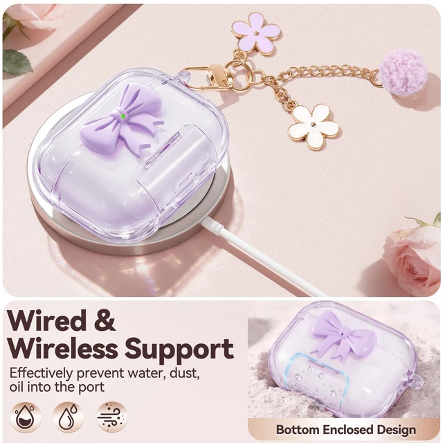 Alt view image 5 of 7 - for AirPods 5/4 Case Cover (2026-2024)-Clear Purple with Bow Safety Lock,As Phone Stand,Come with Floral Key Chain & Clean Pen,Support Wireless,Two-Piece Design for Women Girly
