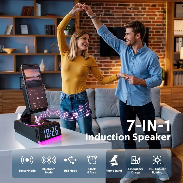 Alt view image 3 of 7 - Birthday Gifts for Men Women, 7-in-1 Portable Bluetooth Speakers with Cell Phone Stand, Unique Gifts for Him Dad Husband Boyfriend, Wireless Induction Speaker, 10 LED Light