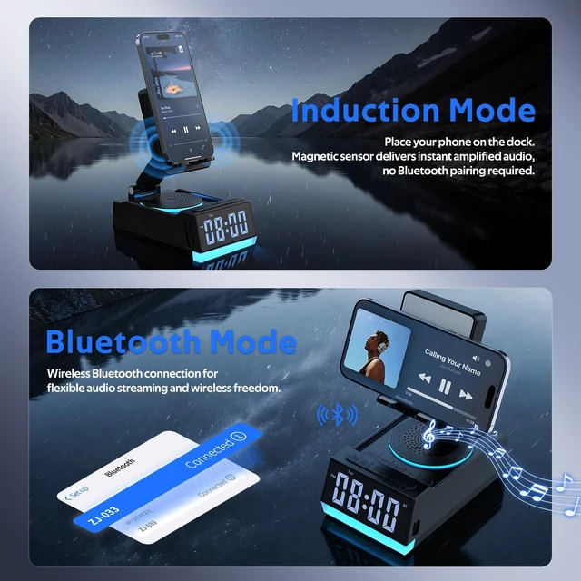 Alt view image 2 of 7 - Birthday Gifts for Men Women, 7-in-1 Portable Bluetooth Speakers with Cell Phone Stand, Unique Gifts for Him Dad Husband Boyfriend, Wireless Induction Speaker, 10 LED Light