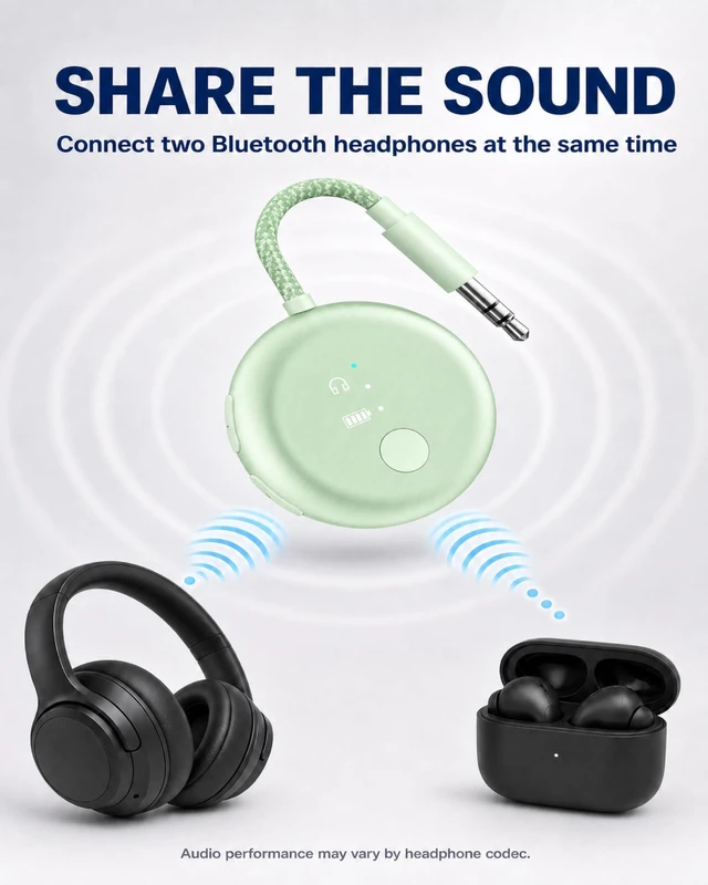 Alt view image 3 of 7 - SoundJet R1 - Airplane Bluetooth Adapter for AirPods, 25H Qualcomm aptX Adaptive & HD, dual-headphone pairing, 25-hour battery, USB-C charging, and single/dual airline plugs