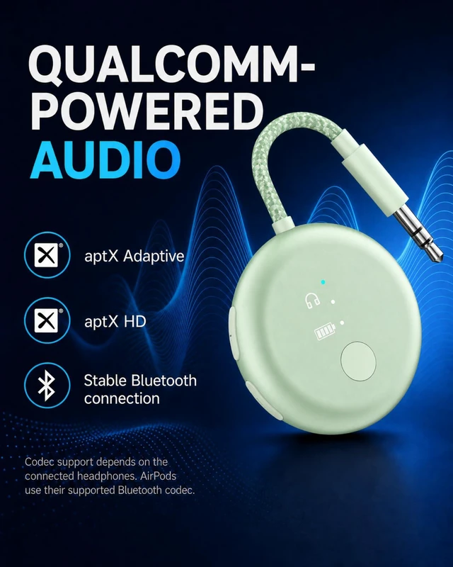 Alt view image 4 of 7 - SoundJet R1 - Airplane Bluetooth Adapter for AirPods, 25H Qualcomm aptX Adaptive & HD, dual-headphone pairing, 25-hour battery, USB-C charging, and single/dual airline plugs