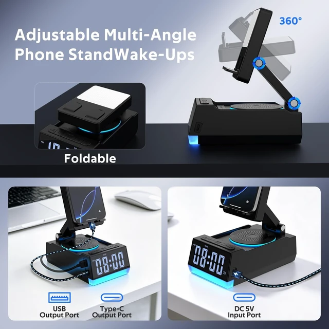 Alt view image 7 of 7 - Birthday Gifts for Men Women, 7-in-1 Portable Bluetooth Speakers with Cell Phone Stand, Unique Gifts for Him Dad Husband Boyfriend, Wireless Induction Speaker, 10 LED Light