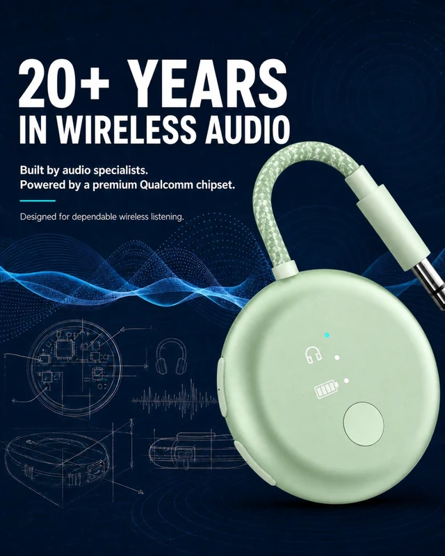 Alt view image 5 of 7 - SoundJet R1 - Airplane Bluetooth Adapter for AirPods, 25H Qualcomm aptX Adaptive & HD, dual-headphone pairing, 25-hour battery, USB-C charging, and single/dual airline plugs