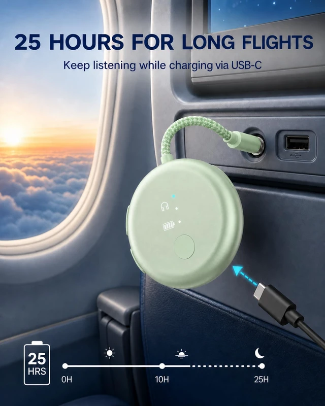 Alt view image 6 of 7 - SoundJet R1 - Airplane Bluetooth Adapter for AirPods, 25H Qualcomm aptX Adaptive & HD, dual-headphone pairing, 25-hour battery, USB-C charging, and single/dual airline plugs