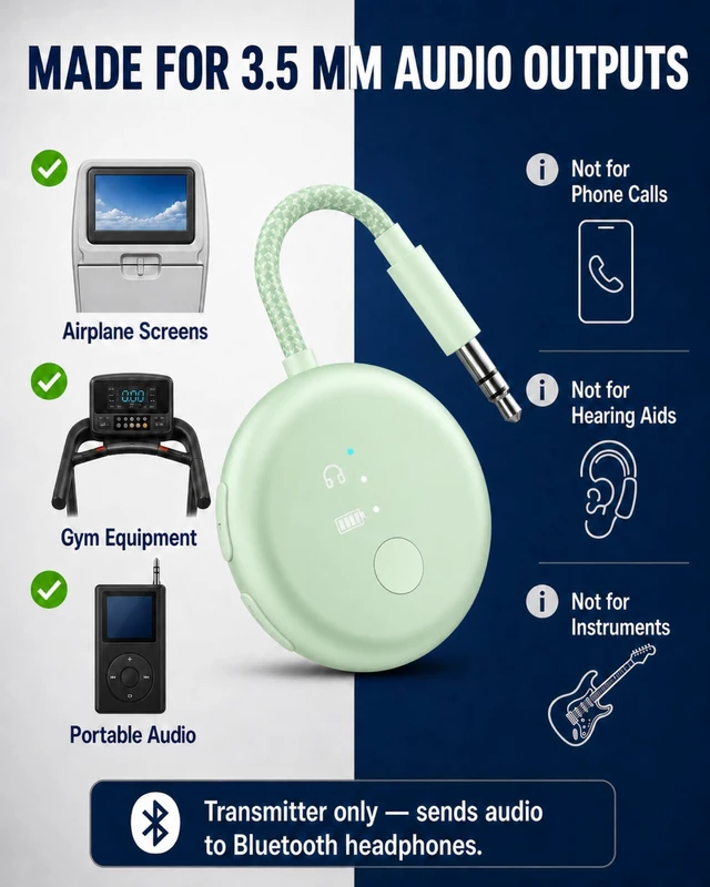 Alt view image 7 of 7 - SoundJet R1 - Airplane Bluetooth Adapter for AirPods, 25H Qualcomm aptX Adaptive & HD, dual-headphone pairing, 25-hour battery, USB-C charging, and single/dual airline plugs