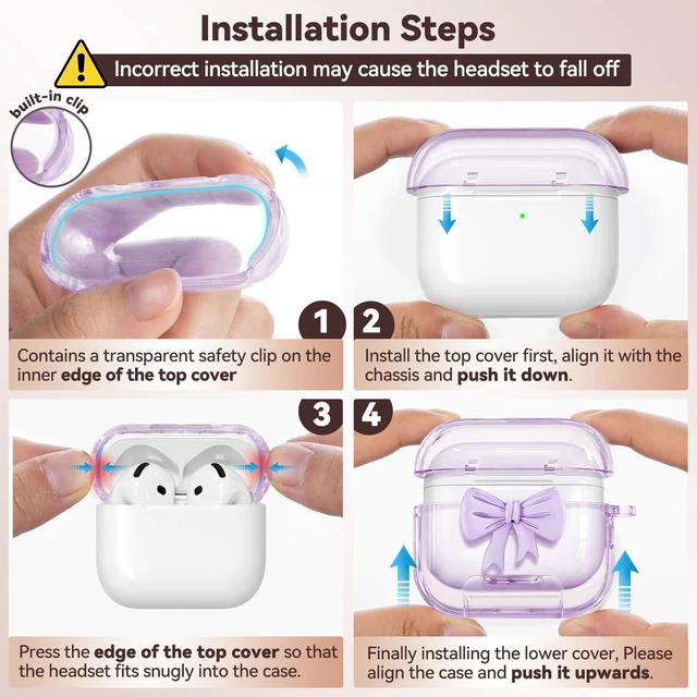 Alt view image 7 of 7 - for AirPods 5/4 Case Cover (2026-2024)-Clear Purple with Bow Safety Lock,As Phone Stand,Come with Floral Key Chain & Clean Pen,Support Wireless,Two-Piece Design for Women Girly