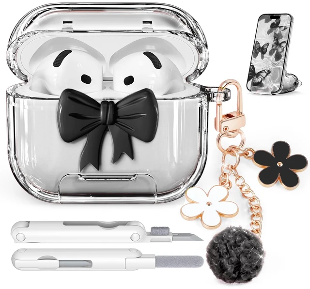 Main image of for AirPods 5/4 Case Cover (2026-2024)-Clear Black with Bow Safety Lock,As Phone Stand,Come with Floral Key Chain & Clean Pen,Support Wireless,Two-Piece Design for Women Girly