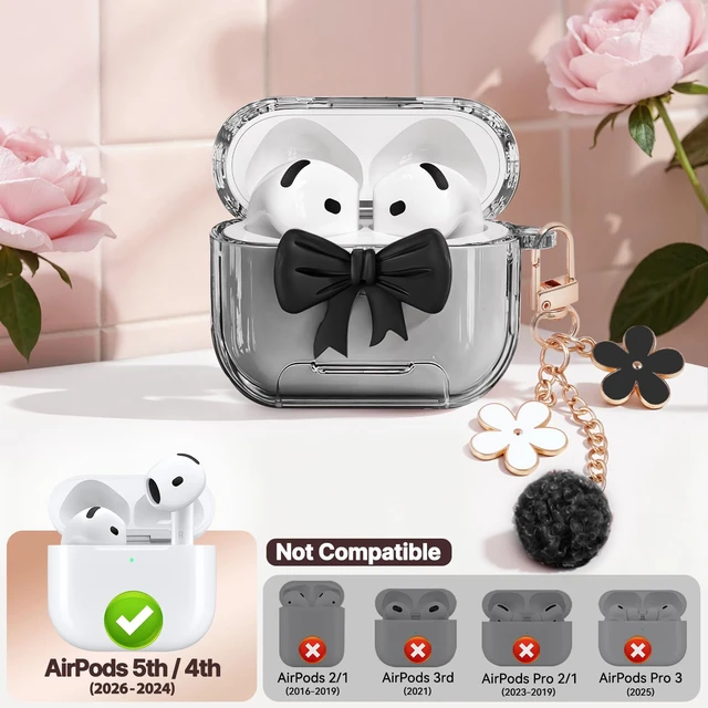 Alt view image 2 of 7 - for AirPods 5/4 Case Cover (2026-2024)-Clear Black with Bow Safety Lock,As Phone Stand,Come with Floral Key Chain & Clean Pen,Support Wireless,Two-Piece Design for Women Girly