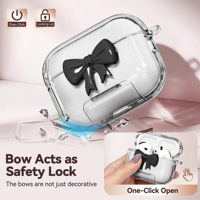 Alt view image 3 of 7 - for AirPods 5/4 Case Cover (2026-2024)-Clear Black with Bow Safety Lock,As Phone Stand,Come with Floral Key Chain & Clean Pen,Support Wireless,Two-Piece Design for Women Girly