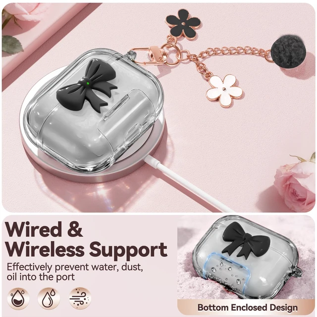 Alt view image 5 of 7 - for AirPods 5/4 Case Cover (2026-2024)-Clear Black with Bow Safety Lock,As Phone Stand,Come with Floral Key Chain & Clean Pen,Support Wireless,Two-Piece Design for Women Girly