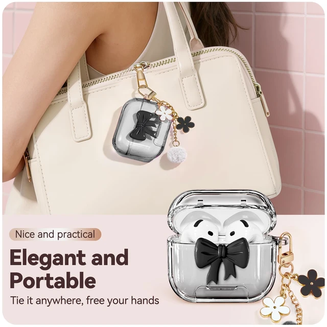Alt view image 6 of 7 - for AirPods 5/4 Case Cover (2026-2024)-Clear Black with Bow Safety Lock,As Phone Stand,Come with Floral Key Chain & Clean Pen,Support Wireless,Two-Piece Design for Women Girly