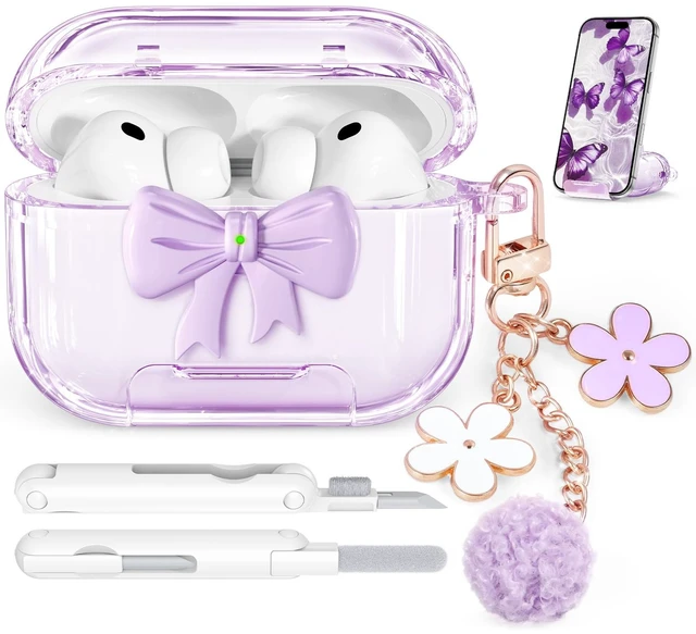 Main image of for AirPods Pro 3 Case Cover 2025-Clear Purple with Bow Safety Lock, As Phone Stand,with Floral Key Chain & Clean Pen,Support Wireless,Two-Piece Design for Women Girly
