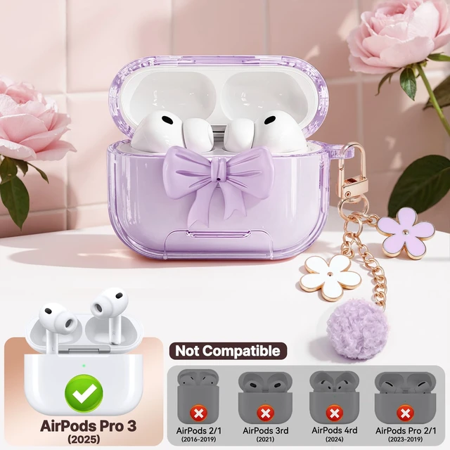 Alt view image 2 of 7 - for AirPods Pro 3 Case Cover 2025-Clear Purple with Bow Safety Lock, As Phone Stand,with Floral Key Chain & Clean Pen,Support Wireless,Two-Piece Design for Women Girly