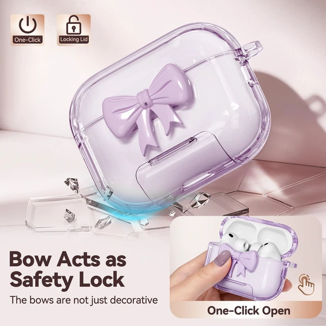 Alt view image 3 of 7 - for AirPods Pro 3 Case Cover 2025-Clear Purple with Bow Safety Lock, As Phone Stand,with Floral Key Chain & Clean Pen,Support Wireless,Two-Piece Design for Women Girly