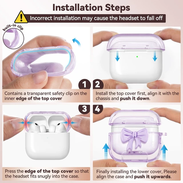 Alt view image 6 of 7 - for AirPods Pro 3 Case Cover 2025-Clear Purple with Bow Safety Lock, As Phone Stand,with Floral Key Chain & Clean Pen,Support Wireless,Two-Piece Design for Women Girly
