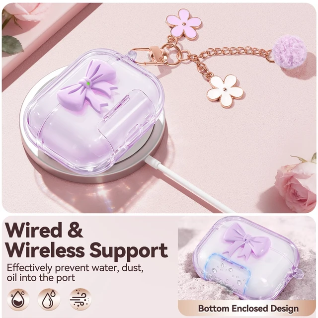 Alt view image 7 of 7 - for AirPods Pro 3 Case Cover 2025-Clear Purple with Bow Safety Lock, As Phone Stand,with Floral Key Chain & Clean Pen,Support Wireless,Two-Piece Design for Women Girly