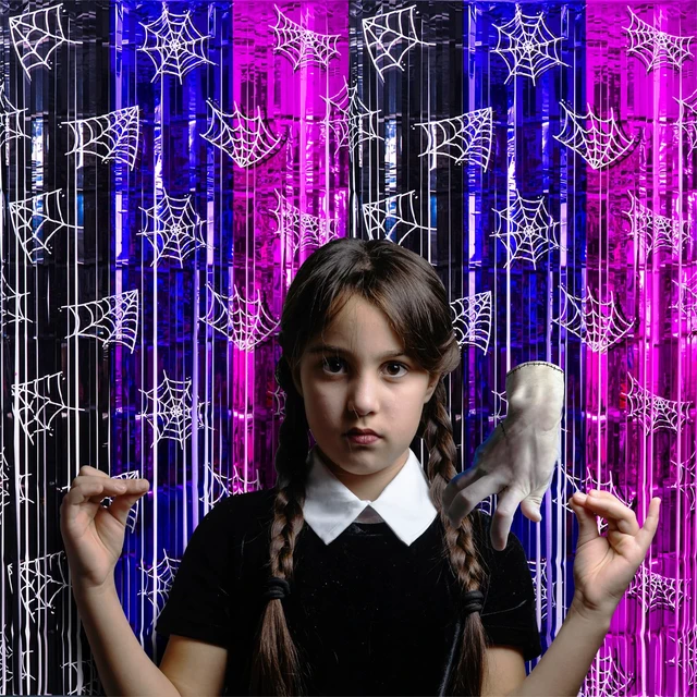 Alt view image 2 of 7 - Wednesday Birthday Party Decorations, 2 Pack Tinsel Foil Fringe Curtains Wednesday Party Supplies, Black Purple Pink Gothic Photo Booth Prop, Monster Backdrop Streamer for Girl in Halloween Dark