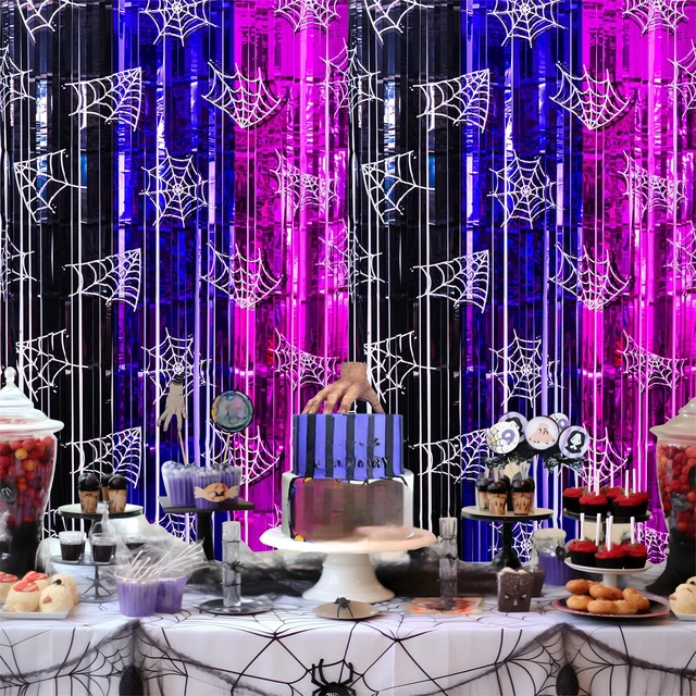 Alt view image 3 of 7 - Wednesday Birthday Party Decorations, 2 Pack Tinsel Foil Fringe Curtains Wednesday Party Supplies, Black Purple Pink Gothic Photo Booth Prop, Monster Backdrop Streamer for Girl in Halloween Dark
