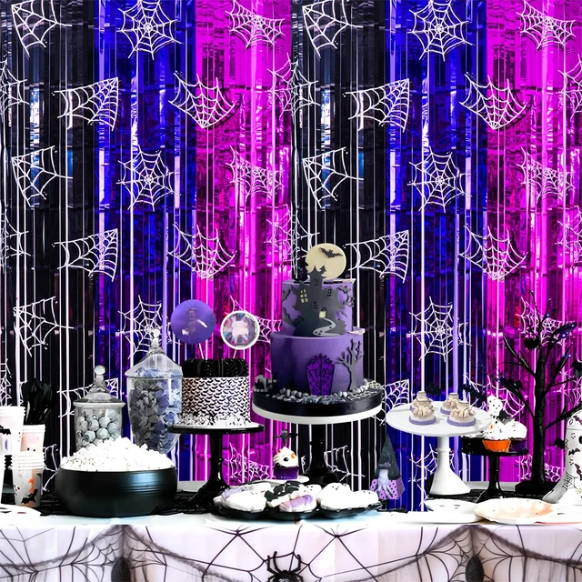 Alt view image 5 of 7 - Wednesday Birthday Party Decorations, 2 Pack Tinsel Foil Fringe Curtains Wednesday Party Supplies, Black Purple Pink Gothic Photo Booth Prop, Monster Backdrop Streamer for Girl in Halloween Dark