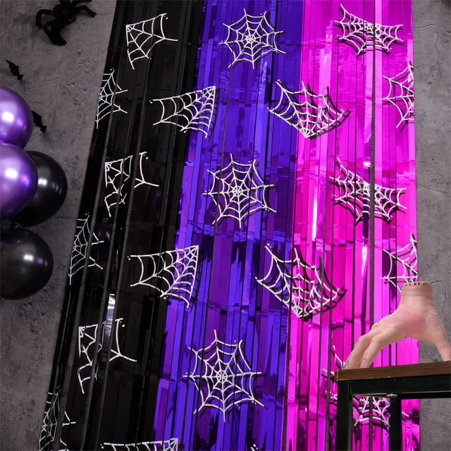 Alt view image 4 of 7 - Wednesday Birthday Party Decorations, 2 Pack Tinsel Foil Fringe Curtains Wednesday Party Supplies, Black Purple Pink Gothic Photo Booth Prop, Monster Backdrop Streamer for Girl in Halloween Dark