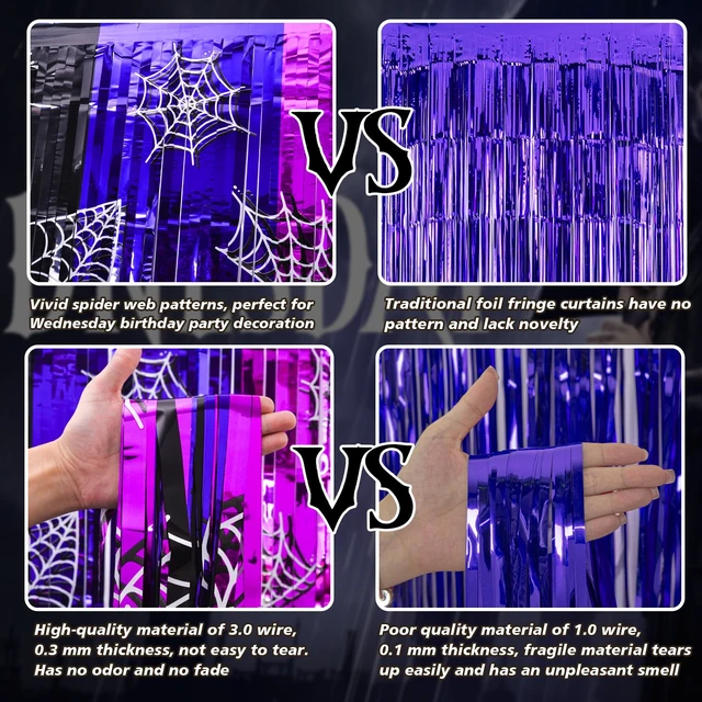 Alt view image 6 of 7 - Wednesday Birthday Party Decorations, 2 Pack Tinsel Foil Fringe Curtains Wednesday Party Supplies, Black Purple Pink Gothic Photo Booth Prop, Monster Backdrop Streamer for Girl in Halloween Dark