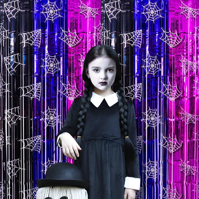 Alt view image 7 of 7 - Wednesday Birthday Party Decorations, 2 Pack Tinsel Foil Fringe Curtains Wednesday Party Supplies, Black Purple Pink Gothic Photo Booth Prop, Monster Backdrop Streamer for Girl in Halloween Dark
