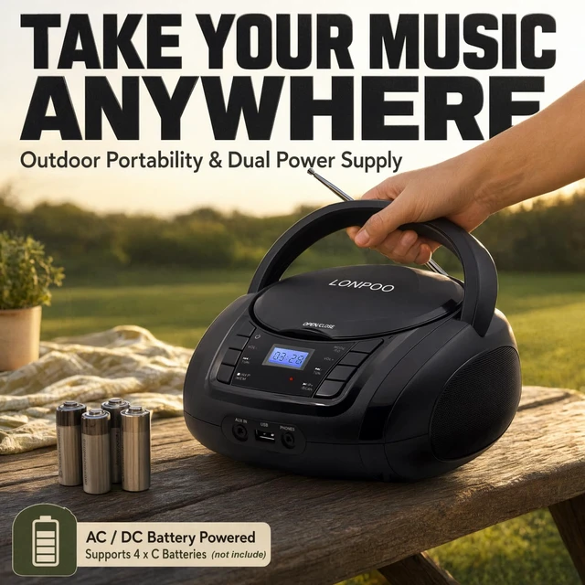 Alt view image 6 of 7 - Portable Home CD Players Boombox with Speakers USB/Bluetooth/AUX Input and Earphone Jack Output, Stereo Sound Speaker & Audio Player,Black