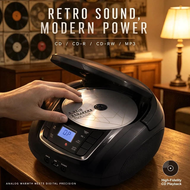 Alt view image 4 of 7 - Portable Home CD Players Boombox with Speakers USB/Bluetooth/AUX Input and Earphone Jack Output, Stereo Sound Speaker & Audio Player,Black