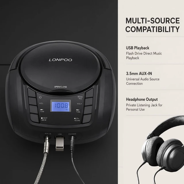 Alt view image 7 of 7 - Portable Home CD Players Boombox with Speakers USB/Bluetooth/AUX Input and Earphone Jack Output, Stereo Sound Speaker & Audio Player,Black