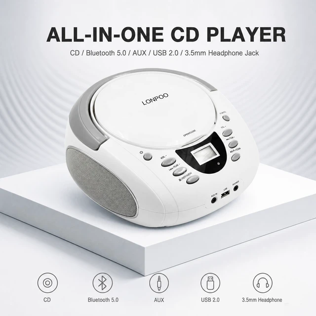 Alt view image 2 of 7 - Portable Home CD Players Boombox with Speakers USB/Bluetooth/AUX Input and Earphone Jack Output, Stereo Sound Speaker & Audio Player,White