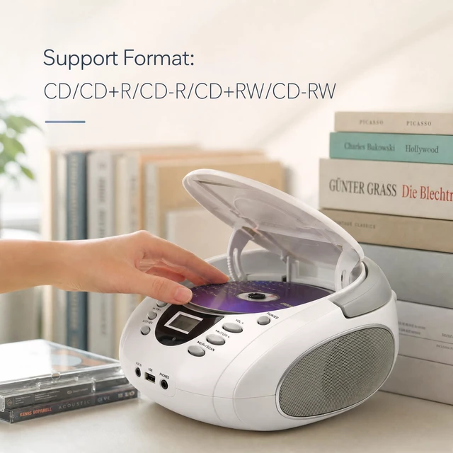 Alt view image 3 of 7 - Portable Home CD Players Boombox with Speakers USB/Bluetooth/AUX Input and Earphone Jack Output, Stereo Sound Speaker & Audio Player,White