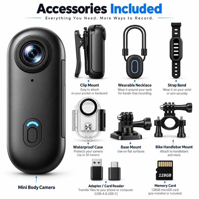Alt view image 7 of 7 - 4K 128GB Mini Body Camera - Magnetic Thumb-Sized Action Cam with Video & Audio Recording, Hands-Free, Waterproof, Suitable for Vlog Creation, Work Record, Pet Walking, Travel Shooting & Daily Use