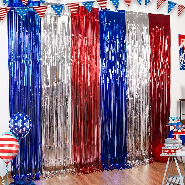 Main image of 4th of July Decorations Red White Blue Foil Fringe Curtains, 5Pack Patriotic Photobooth Props, Party Backdrop, Fourth of July Streamers, USA Themed Labor Day, Veterans Day, Election Day Decor
