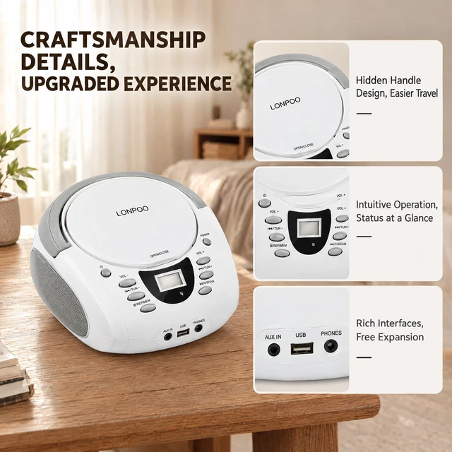 Alt view image 5 of 7 - Portable Home CD Players Boombox with Speakers USB/Bluetooth/AUX Input and Earphone Jack Output, Stereo Sound Speaker & Audio Player,White