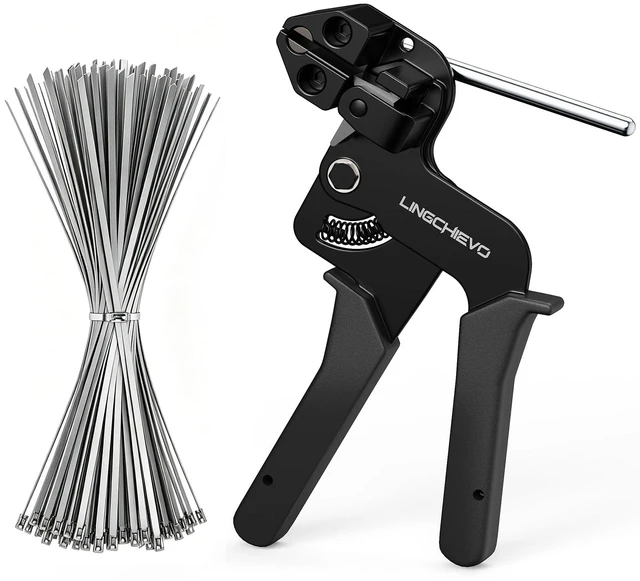 Main image of Metal Zip Tie Gun with 100 PCS 11.8inch Stainless Steel Zip Ties Cable Ties Heavy Duty Zip Tie Tool for Fastening and Cutting, Chain Link Fence Parts for Fence Exhaust Pipe Outdoor