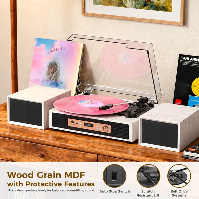 Alt view image 6 of 7 - Vinyl Record Player with Built-in & External Speakers, Espresso 3-speed belt-drive vintage turntable USB/TF & PC recording, Bluetooth input, auto stop, RCA/AUX for flexible home listening