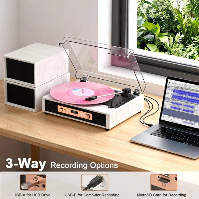 Alt view image 4 of 7 - Retro Vinyl Record Player with Built-in & External Speakers, White 3-speed belt-drive vintage turntable USB/TF & PC recording, Bluetooth input, auto stop, RCA/AUX for flexible home listening