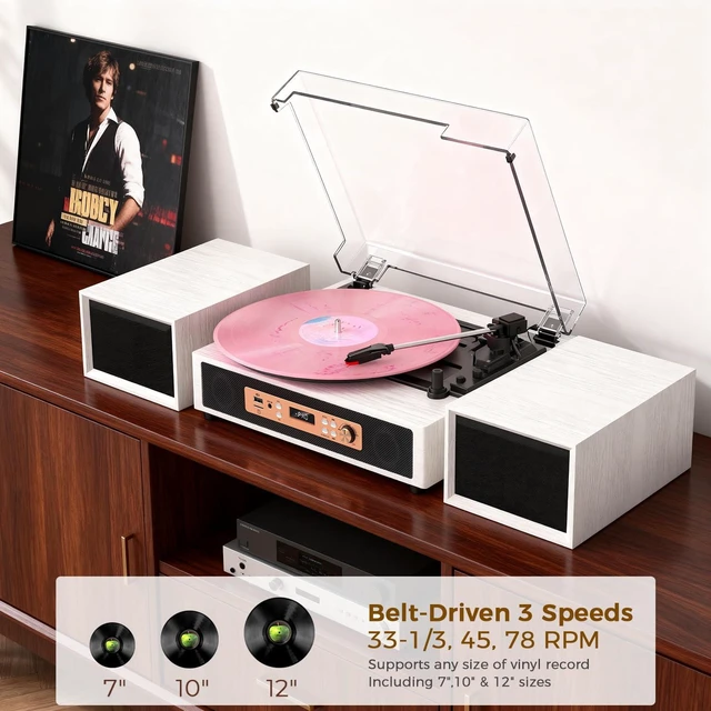 Alt view image 5 of 7 - Retro Vinyl Record Player with Built-in & External Speakers, White 3-speed belt-drive vintage turntable USB/TF & PC recording, Bluetooth input, auto stop, RCA/AUX for flexible home listening