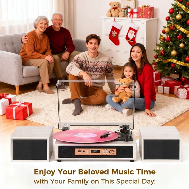 Alt view image 7 of 7 - Retro Vinyl Record Player with Built-in & External Speakers, White 3-speed belt-drive vintage turntable USB/TF & PC recording, Bluetooth input, auto stop, RCA/AUX for flexible home listening