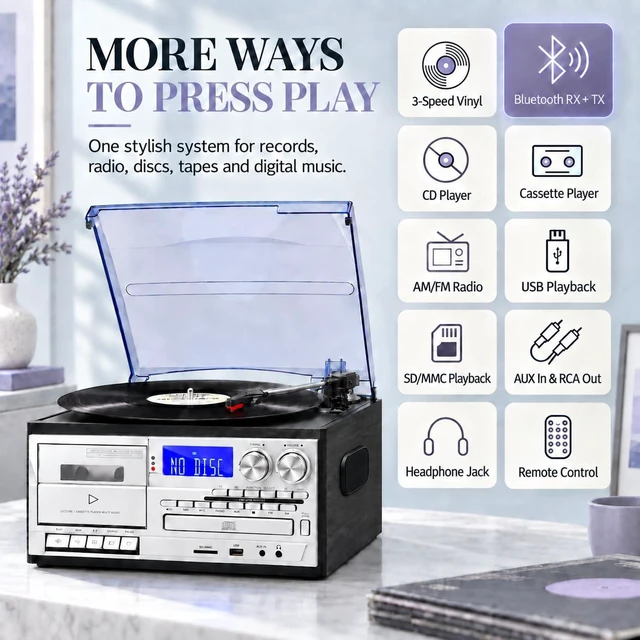 Alt view image 2 of 7 - Record Player with Bluetooth Input & Output, 9-in-1 Retro Music Center for Home, 3-Speed Turntable, CD/Cassette, USB/SD, AM/FM Radio, Built-in Stereo Speakers & Remote