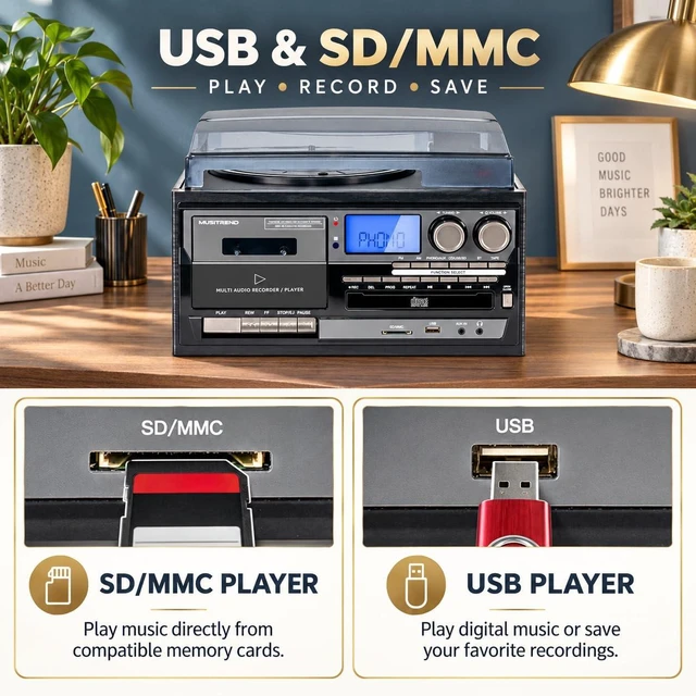 Alt view image 7 of 7 - Multimedia Record Player Bring Every Era of Music Home, with Bluetooth Input & Output, 3-Speed Turntable, CD/Cassette, AM/FM, USB/SD, Built-in Speakers & Remote Control