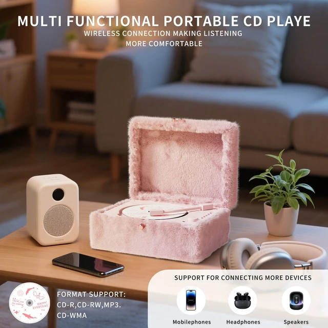 Alt view image 3 of 7 - Plush Fuzzy Pink CD Player with Bluetooth, Remote Control