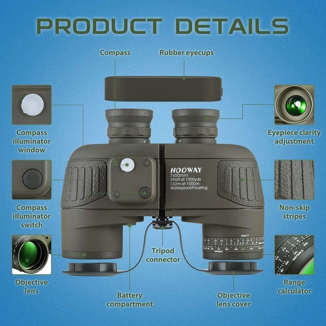 Alt view image 6 of 7 - 7x50 Waterproof Floating Marine Binocular w/Internal Rangefinder & Compass for Navigation,Boating,Bird Watching and More(Army Green