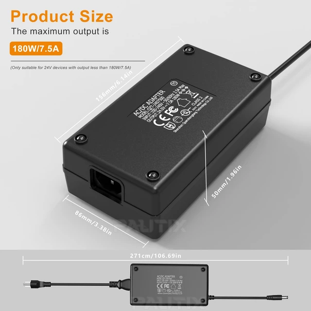 Alt view image 2 of 7 - 24V DC Power Supply Adapter 24Volt 7.5A 180W Output,AC to DC Converter Transformer 100-240V AC Input with 5.5 x 2.1mm US Plug for LED Strip, CCTV Camera(Black)