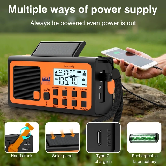 Alt view image 4 of 7 - Emergency Radio NOAA Weather Alert with Hand Crank Radio Portable AM FM SW, 18500mWh Rechargeable Battery Operated, Solar Powered, SOS Alarm, Flashlight, Reading Lamp, USB Port