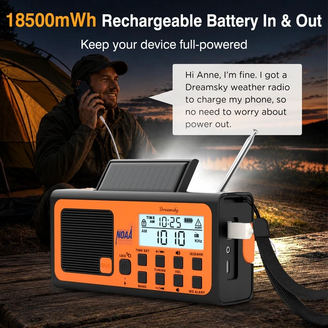 Alt view image 7 of 7 - Emergency Radio NOAA Weather Alert with Hand Crank Radio Portable AM FM SW, 18500mWh Rechargeable Battery Operated, Solar Powered, SOS Alarm, Flashlight, Reading Lamp, USB Port