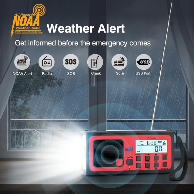 Alt view image 2 of 7 - Emergency Radio NOAA Weather Alert with Hand Crank Radio Portable AM FM SW, 18500mWh Rechargeable Battery Operated, Solar Powered, SOS Alarm, Flashlight, Reading Lamp, USB Port