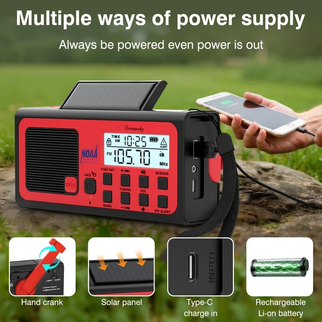 Alt view image 4 of 7 - Emergency Radio NOAA Weather Alert with Hand Crank Radio Portable AM FM SW, 18500mWh Rechargeable Battery Operated, Solar Powered, SOS Alarm, Flashlight, Reading Lamp, USB Port